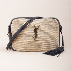 YSL Bicolor Raffia Lou Camera Bag with Charm