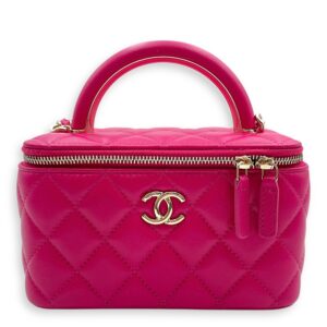 Quilted Top Handle Pink Vanity Bag in Lambskin, Gold hardware