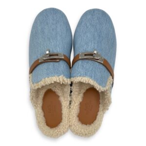 Carlotta 37 Blue Mules in Denim, Palladium hardware