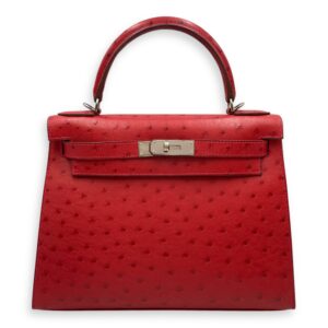 Sellier Kelly 28 Rouge Vif in Ostrich, Palladium hardware