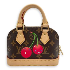 Nano Alma cherry print Top Handle Bag in Coated Canvas, Gold hardware