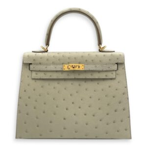 Sellier Kelly 25 Gris Perle in Ostrich, Gold hardware