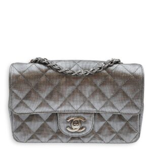 Quilted Pixel Effect Rectangular Flap Mini Silver Crossbody Bag in Metallic, Silver hardware