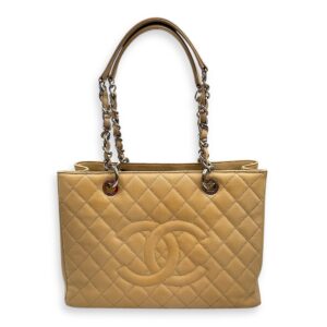 GST Beige Shoulder Bag in Caviar Leather, Silver hardware
