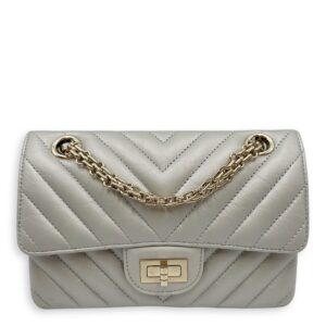 Chevron 22.55 Reissue Mini Metallic Grey Crossbody Bag in Lambskin, Gold hardware