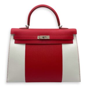 Flag Sellier Kelly 35 Rouge Casaque/Blanc in Epsom, Palladium hardware