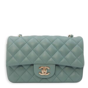 Rectangular Mini Teal Flap Bag in Lambskin, Gold hardware