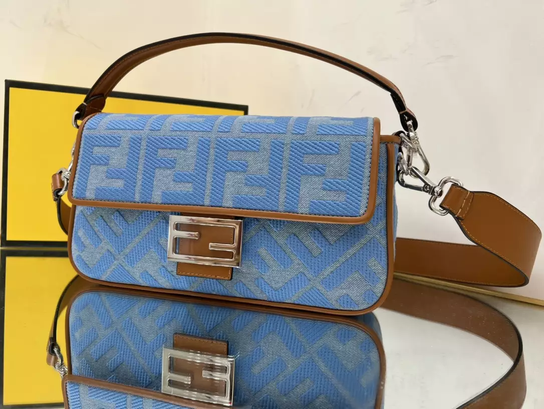 Baguette Light Blue Denim Bag with FF Embroidery - Repbags.ru - Image 4