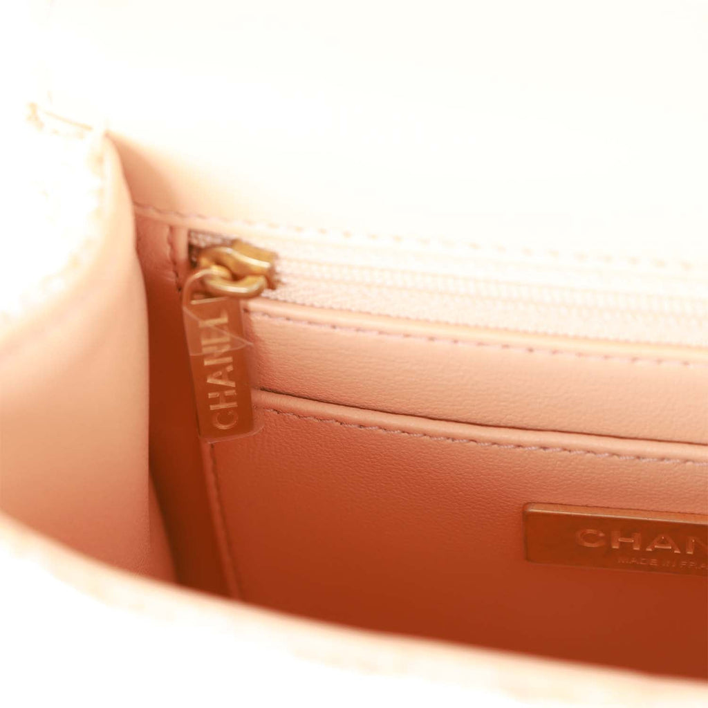 Chanel Mini Square Flap with Top Handle Light Orange and Ecru Tweed Antique Gold Hardware - Image 11