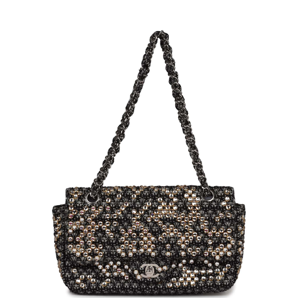 Pre-owned Chanel Medium Single Flap Black and White Tweed With Crystals Silver Hardware - Image 8