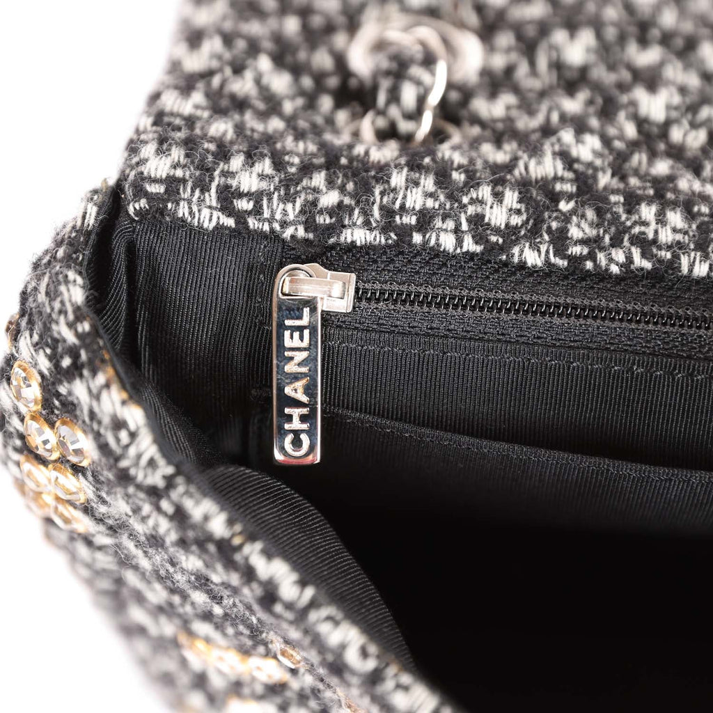 Pre-owned Chanel Medium Single Flap Black and White Tweed With Crystals Silver Hardware - Image 11