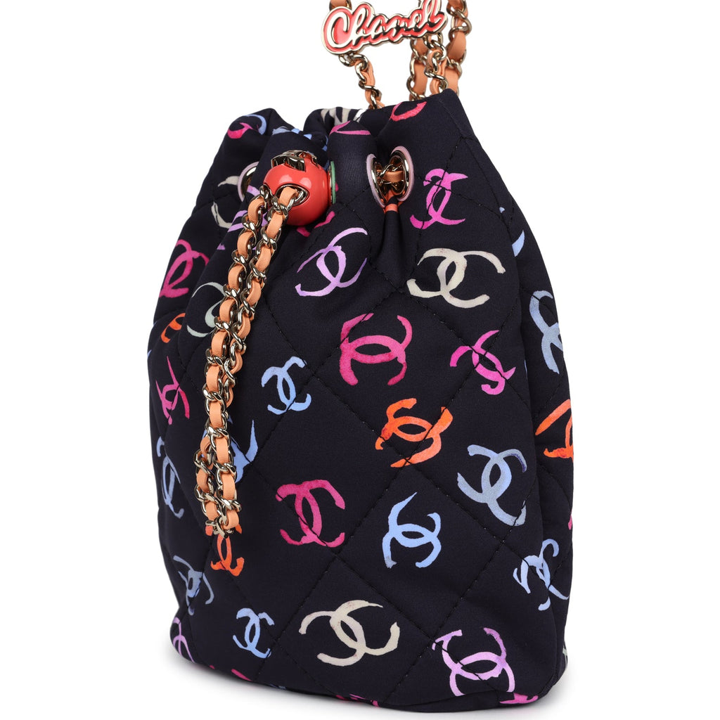 Chanel Medium CC Drawstring Backpack Multicolored Printed Fabric Light Gold Hardware - Image 6