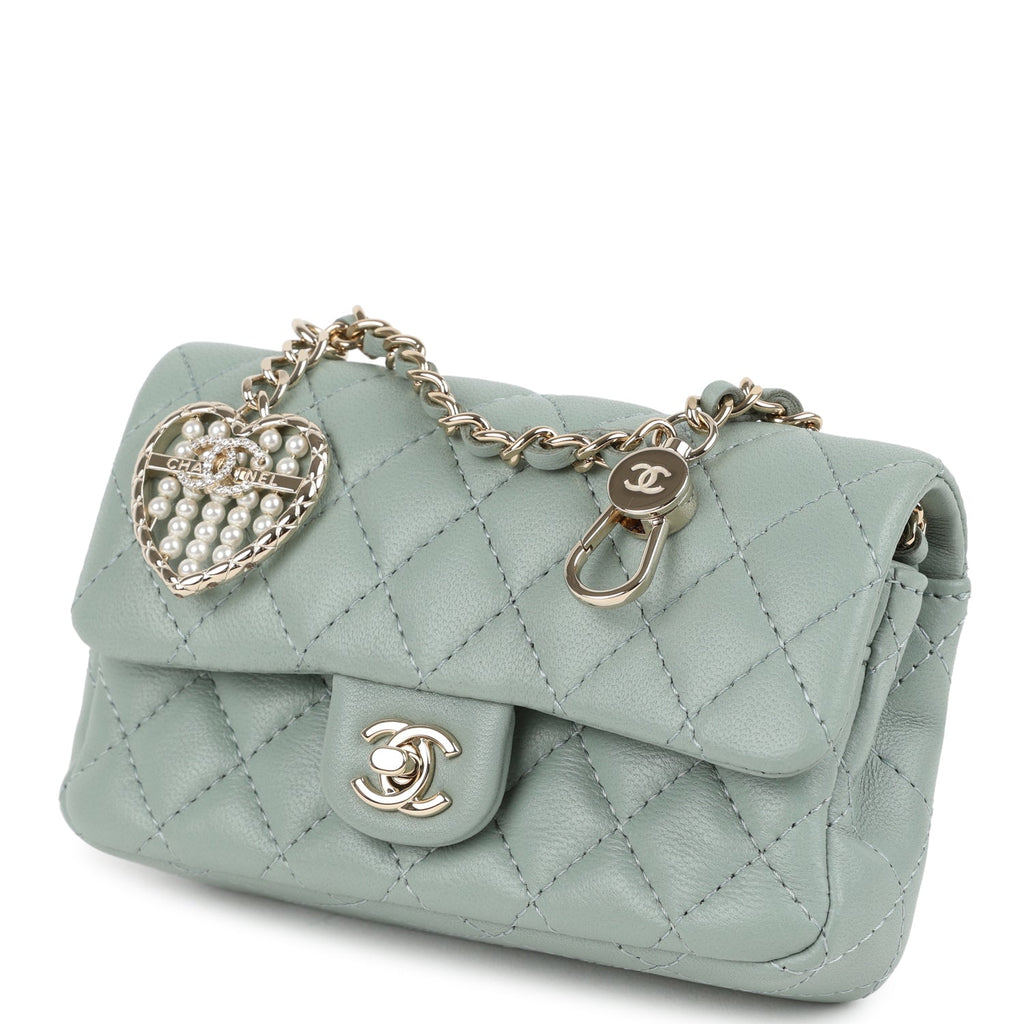 Chanel Nano Classic Double Flap Bag Charm Dark Green Lambskin Light Gold Hardware - Image 6