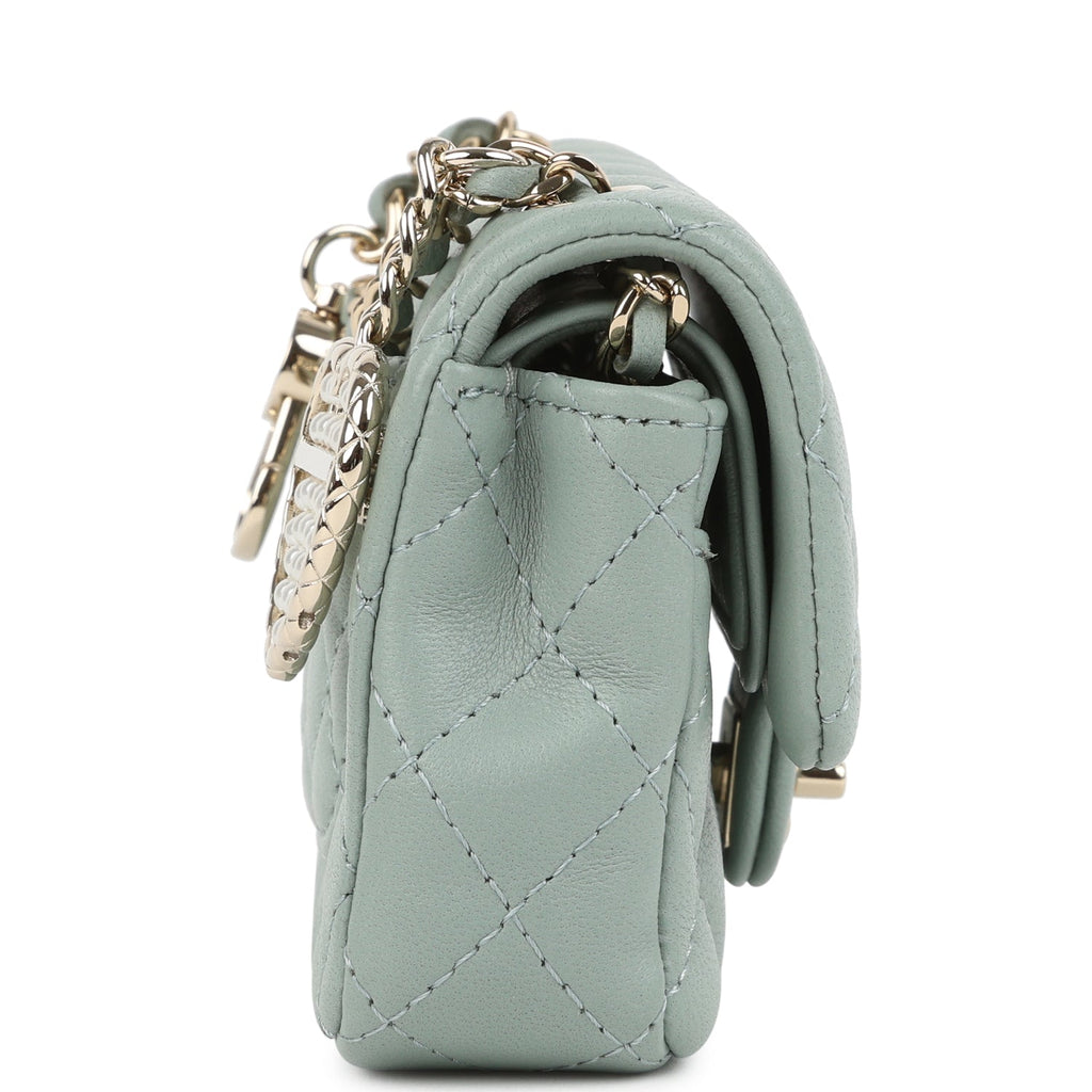 Chanel Nano Classic Double Flap Bag Charm Dark Green Lambskin Light Gold Hardware - Image 4