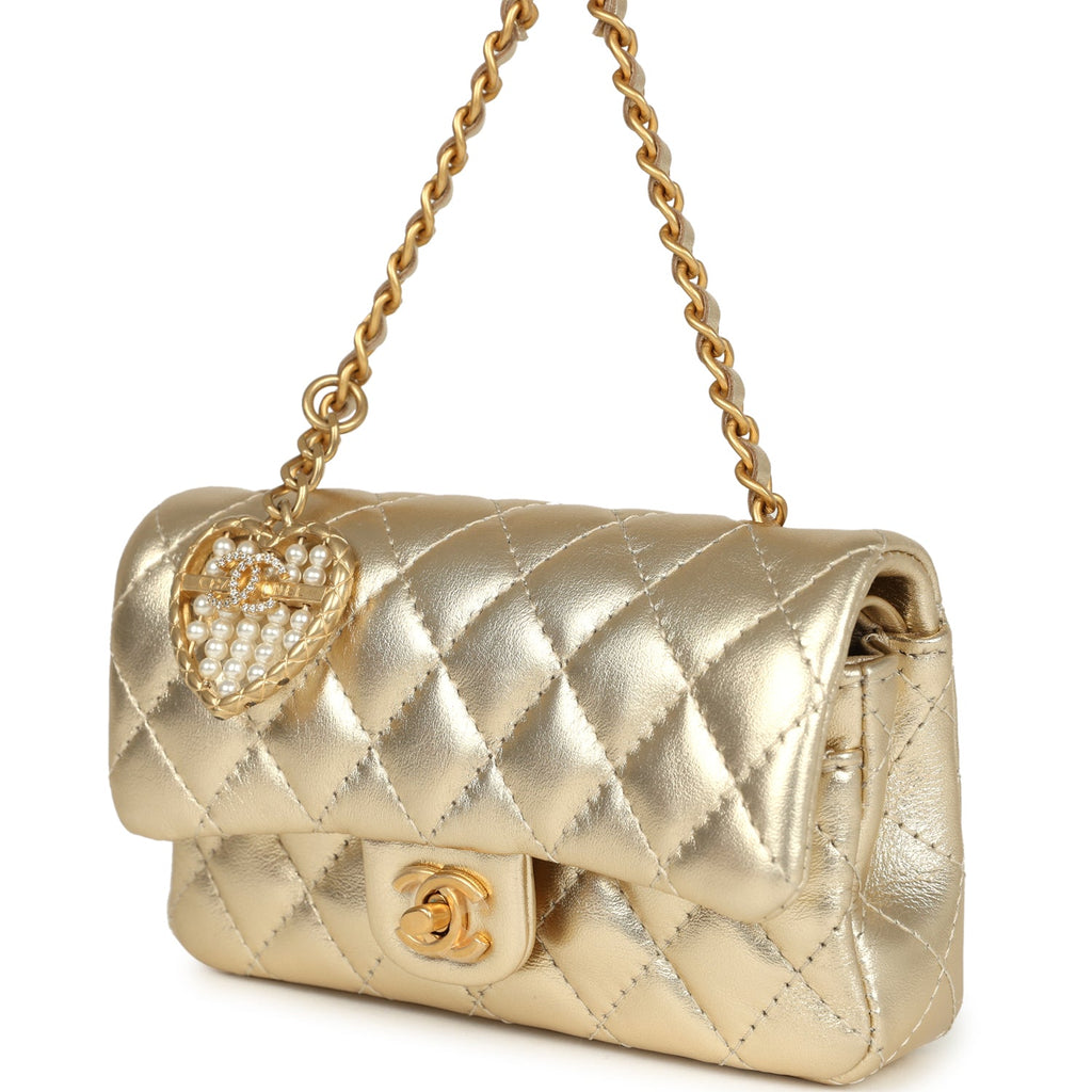 Chanel Nano Classic Double Flap Bag Charm Gold Metallic Calfskin Brushed Gold Hardware - Image 6