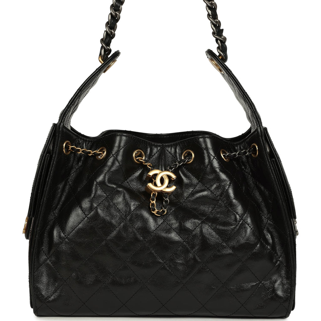 Pre-owned Chanel Small 25 Hobo Bag Black Shiny Crumpled Calfskin Mixed Metal Hardware