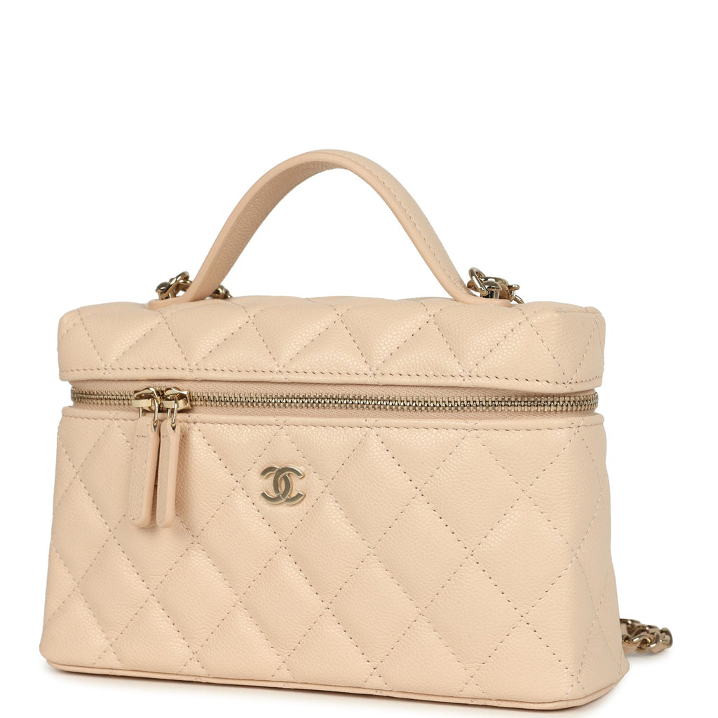 Chanel Top Handle Long Vanity Case with Chain Light Beige Shiny Caviar Light Gold Hardware - Image 6