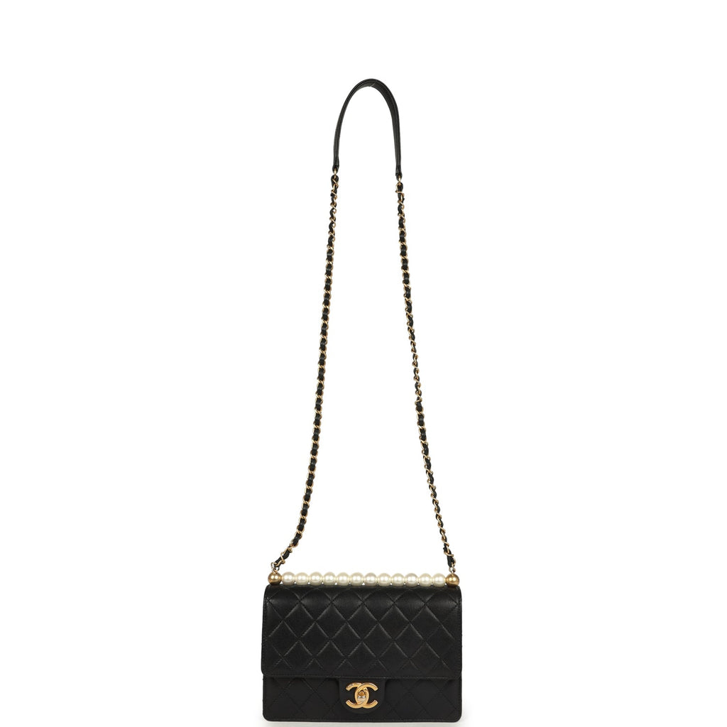 Pre-owned Chanel Small Chic Pearls Flap Bag Black Goatskin Antique Gold Hardware - Image 8
