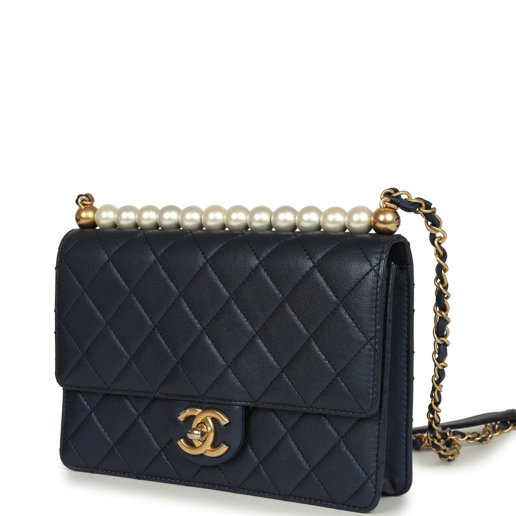 Pre-owned Chanel Small Chic Pearls Flap Bag Navy Calfskin Antique Gold Hardware - Image 6