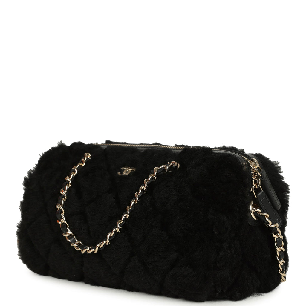 Chanel Mini Timeless Classic Barrel Bag with Chain Black Shearling Light Gold Hardware - Image 6
