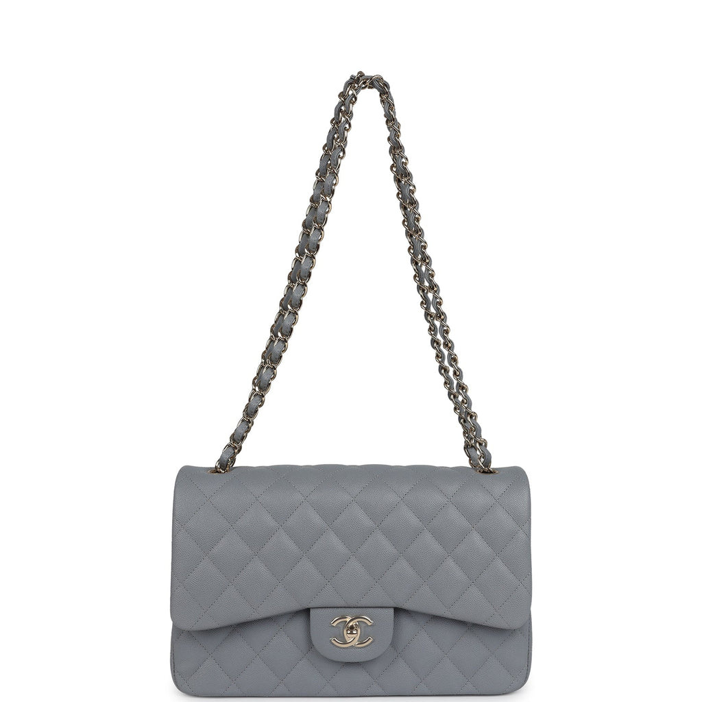 Chanel Jumbo Classic Double Flap Bag Light Grey Shiny Caviar Light Gold Hardware - Image 8