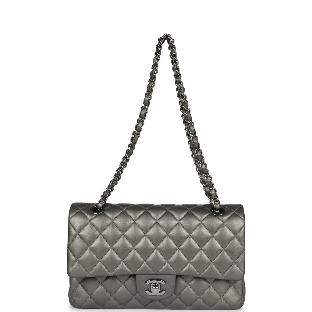 Pre-owned Chanel Medium Classic Double Flap Bag Metallic Grey Lambskin Silver Hardware - Image 8