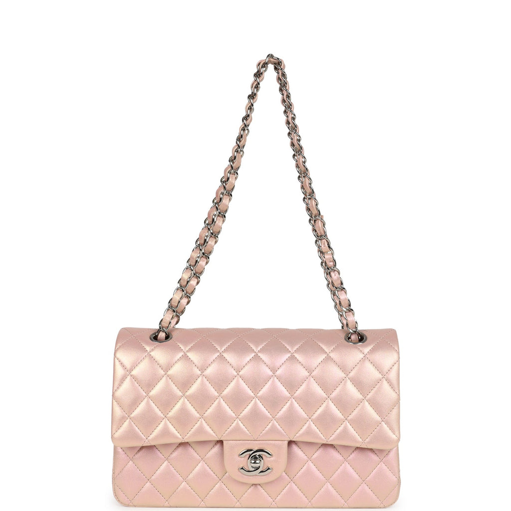 Chanel Medium Classic Double Flap Bag Pink Iridescent Lambskin Silver Hardware - Image 8