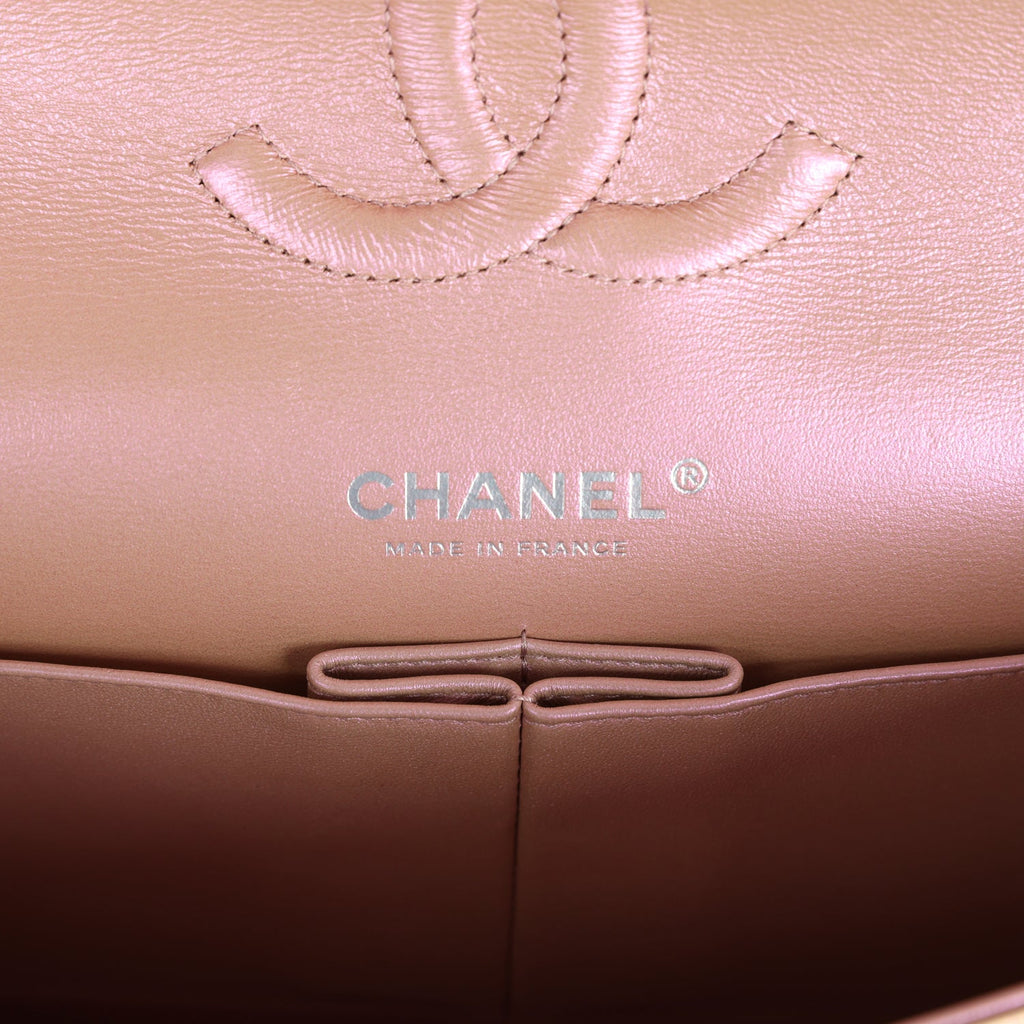 Chanel Medium Classic Double Flap Bag Pink Iridescent Lambskin Silver Hardware - Image 9