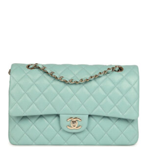 Pre-owned Chanel Medium Classic Double Flap Bag Light Blue Caviar Silver Hardware