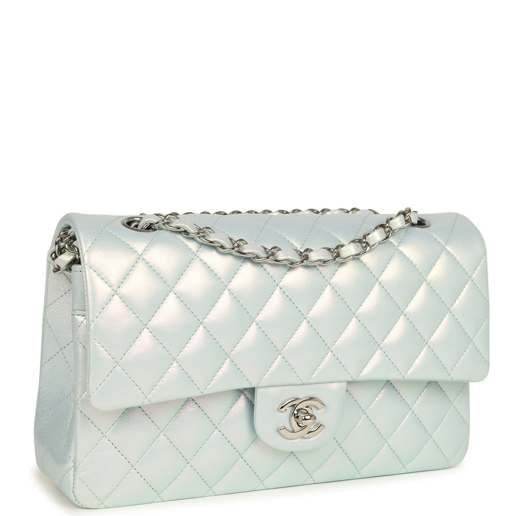 Pre-owned Chanel Medium Classic Double Flap Bag Light Blue Iridescent Calfskin Silver Hardware - Image 3