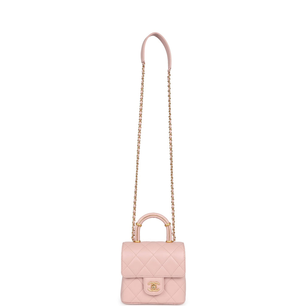 Chanel Mini Square Top Handle Flap Light Pink Lambskin Antique Gold Hardware - Image 8