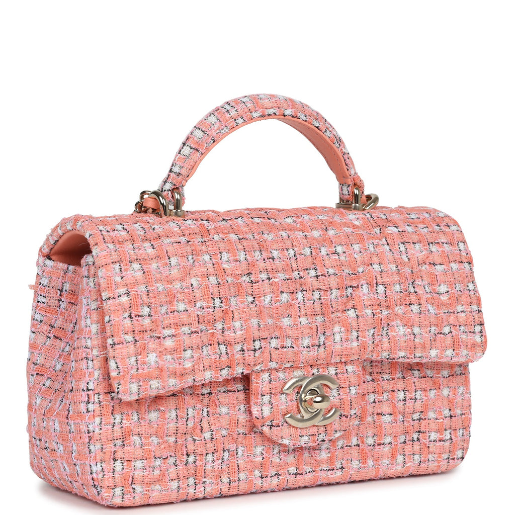 Chanel Mini Rectangular Top Handle Flap Bag Coral Tweed Light Gold Hardware - Image 3