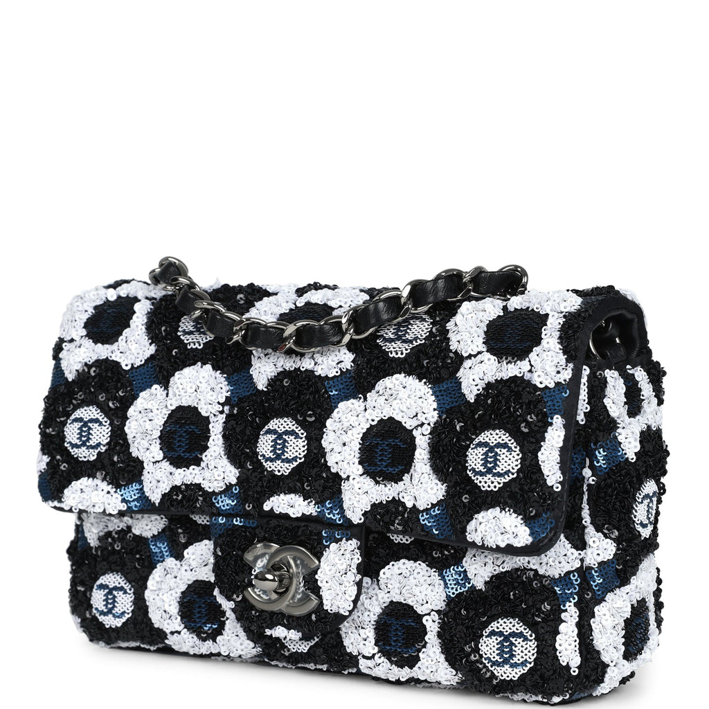 Chanel Mini Rectangular Flower Flap Bag Black, Navy and White Sequin Ruthenium Hardware - Image 6