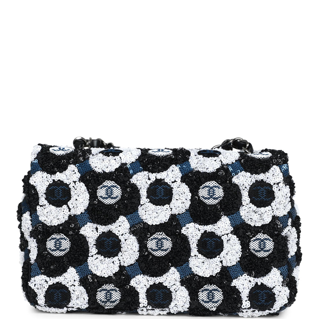 Chanel Mini Rectangular Flower Flap Bag Black, Navy and White Sequin Ruthenium Hardware - Image 5
