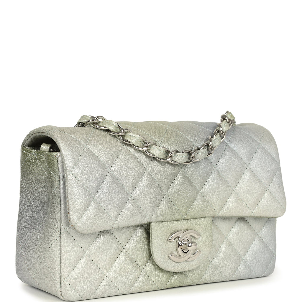 Chanel Mini Classic Rectangular Flap Bag Grey and Green Ombre Iridescent Goatskin Silver Hardware - Image 3