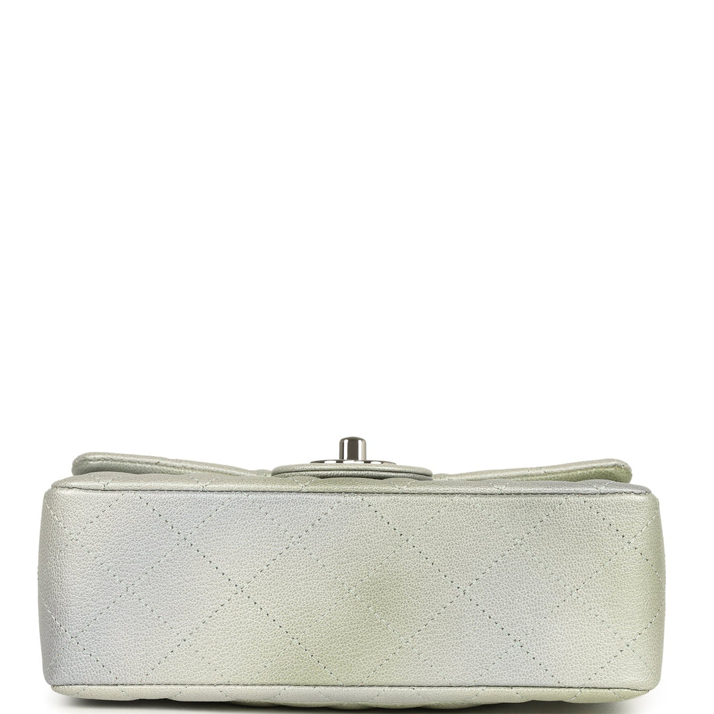 Chanel Mini Classic Rectangular Flap Bag Grey and Green Ombre Iridescent Goatskin Silver Hardware - Image 7