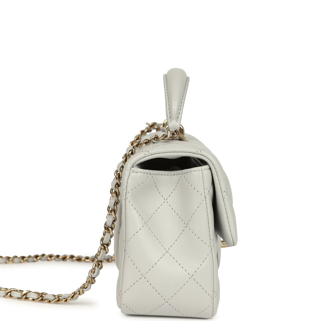 Chanel Mini Rectangular Flap Bag with Top Handle Light Grey Lambskin Light Gold Hardware - Image 4