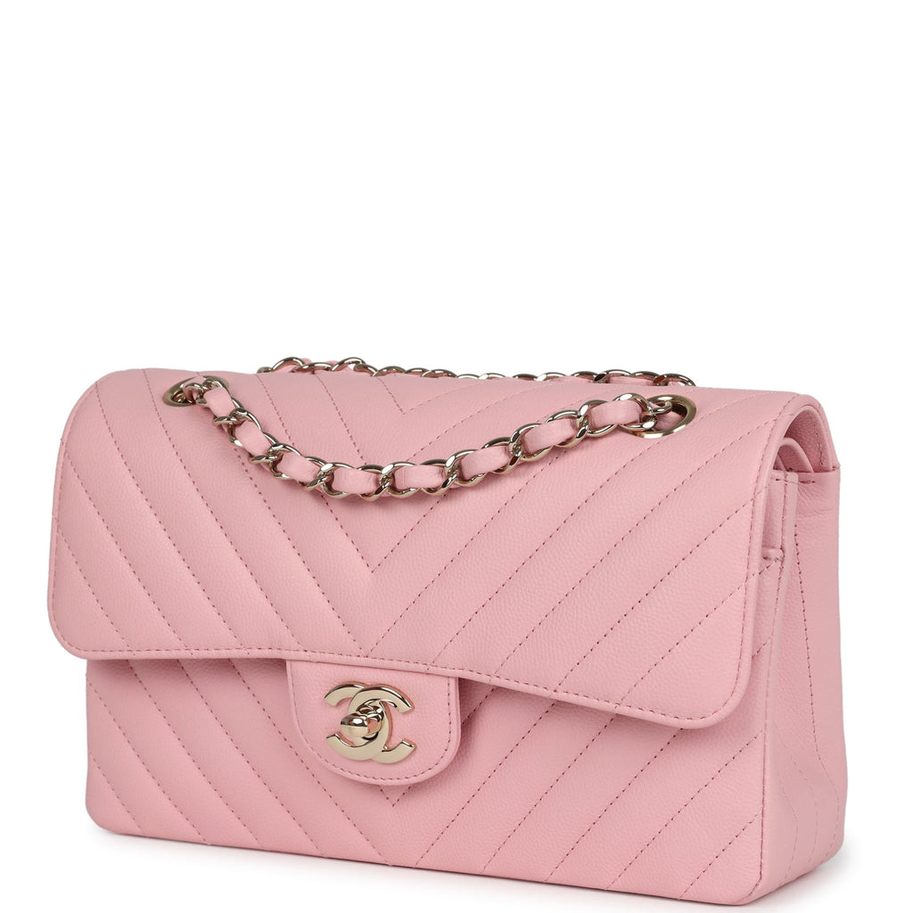 Chanel Small Classic Double Flap Bag Light Pink Chevron Caviar Light Gold Hardware - Image 6