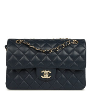Pre-owned Chanel Small Classic Double Flap Bag Dark Blue Caviar Light Gold Hardware