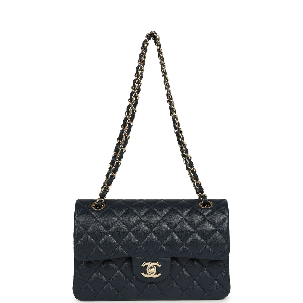 Pre-owned Chanel Small Classic Double Flap Bag Dark Blue Caviar Light Gold Hardware - Image 8