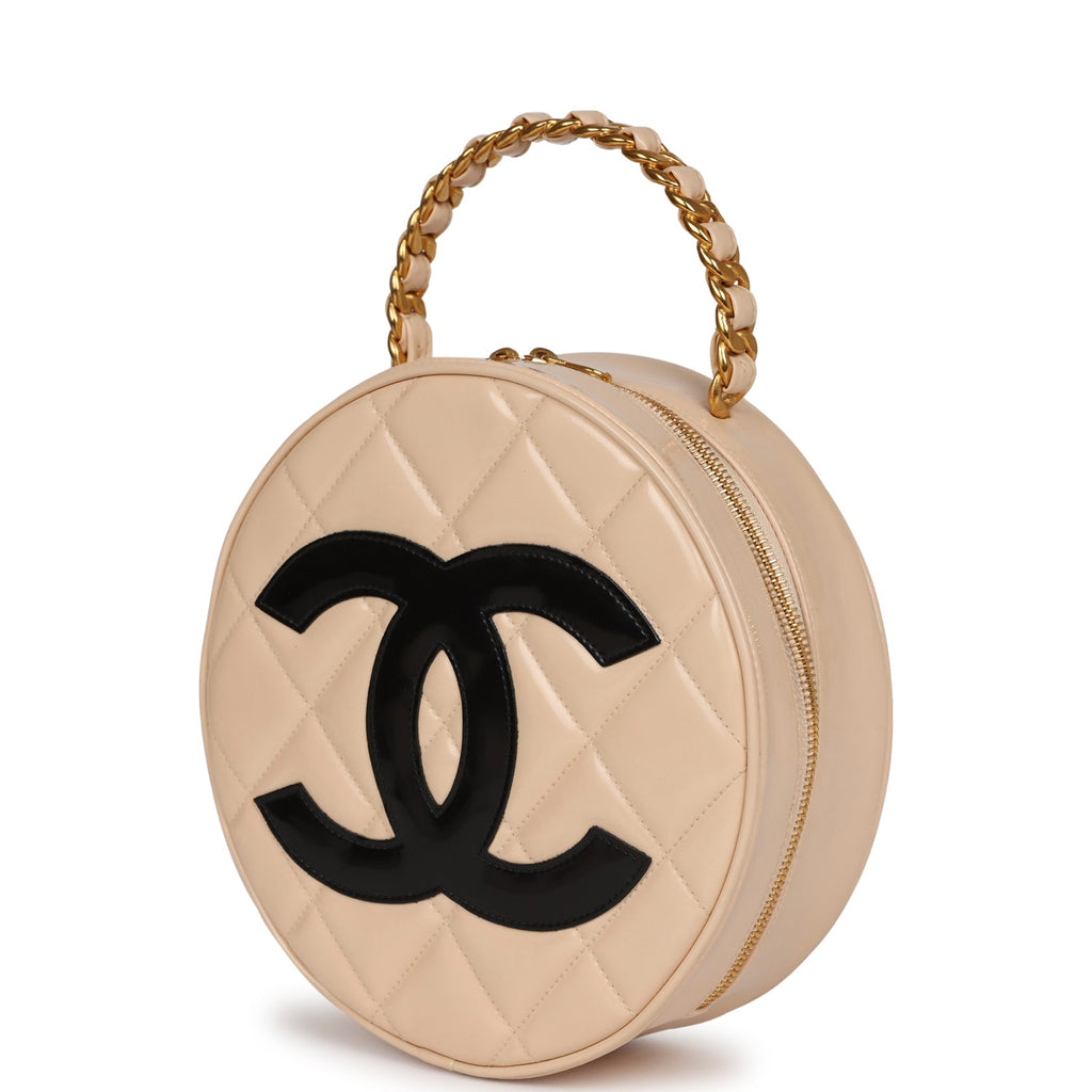 Vintage Chanel Round Vanity Bag Beige and Black Patent Leather Antique Gold Hardware - Image 6