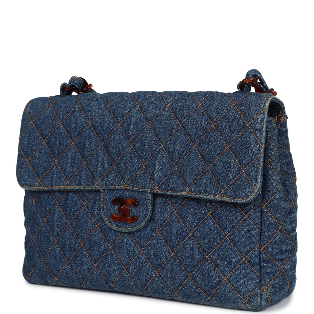Vintage Chanel Jumbo Classic Single Flap Bag Blue Denim Tortoiseshell Bakelite Hardware - Image 6