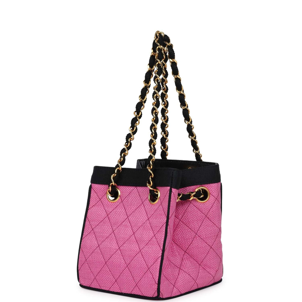 Vintage Chanel Set of Two Mini Bucket Bag & Oval Handbag Pink and Black Raffia Gold Hardware - Image 4
