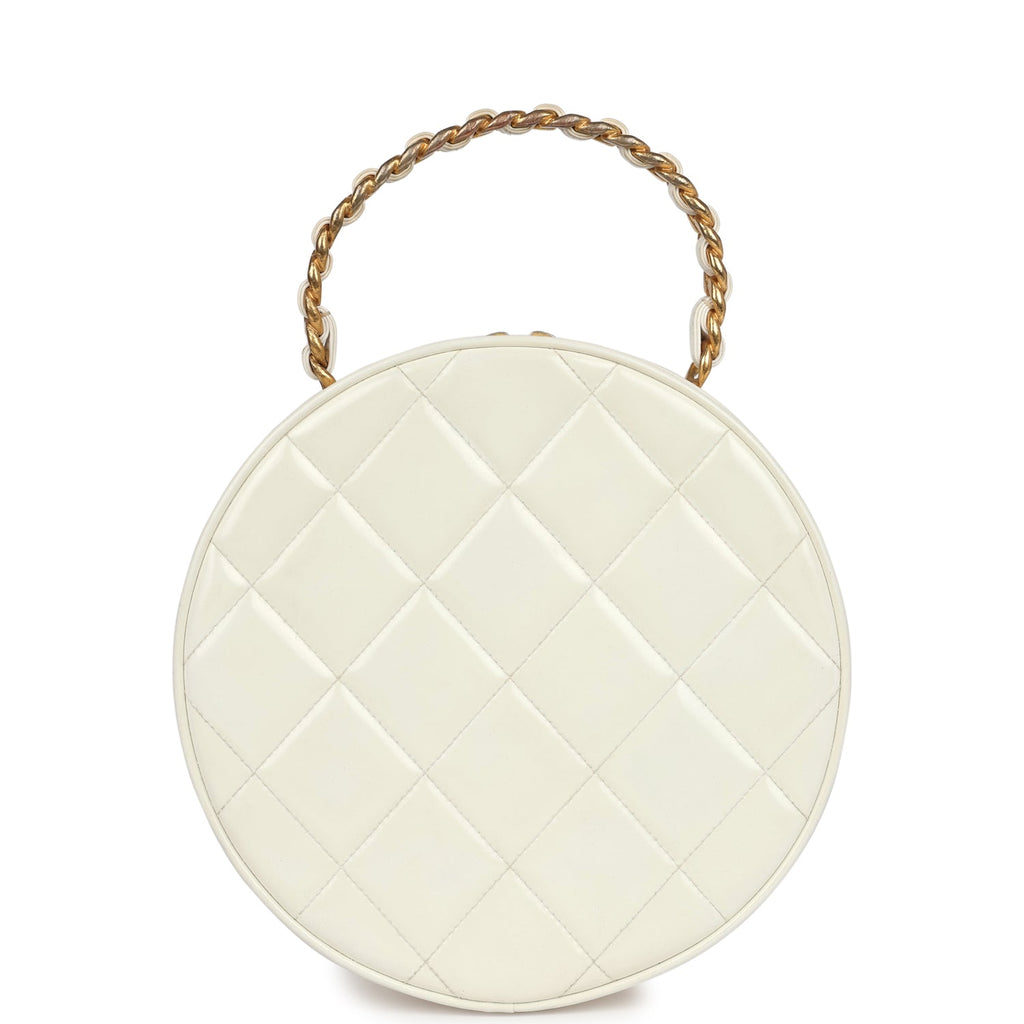 Vintage Chanel Round Vanity Bag White and Black Patent Leather Antique Gold Hardware - Image 5