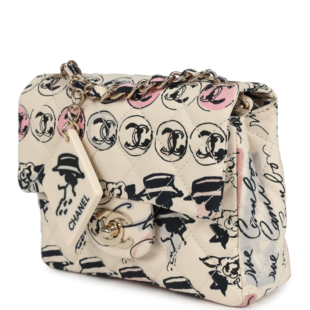 Vintage Chanel Mini Logo Square Flap Bag Light Pink Multi Printed Nylon Light Gold Hardware - Image 6
