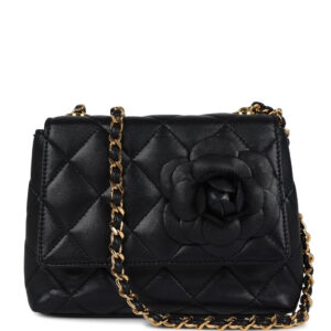 Vintage Chanel Mini Camellia Flap Bag Black Lambskin Gold Hardware