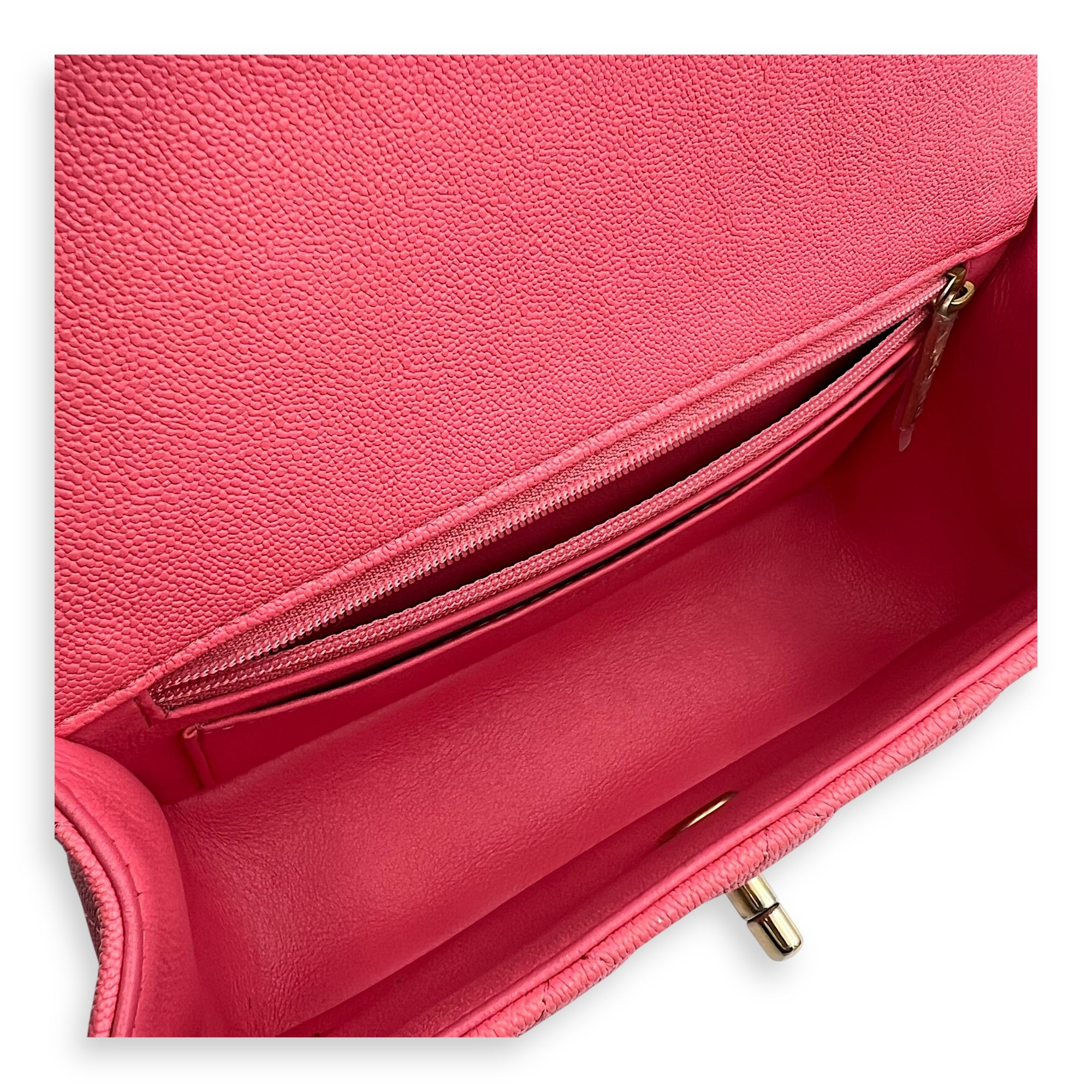 Rectangle Flap Mini Pink Top Handle Bag in Caviar Leather, Brushed Gold hardware - Image 9