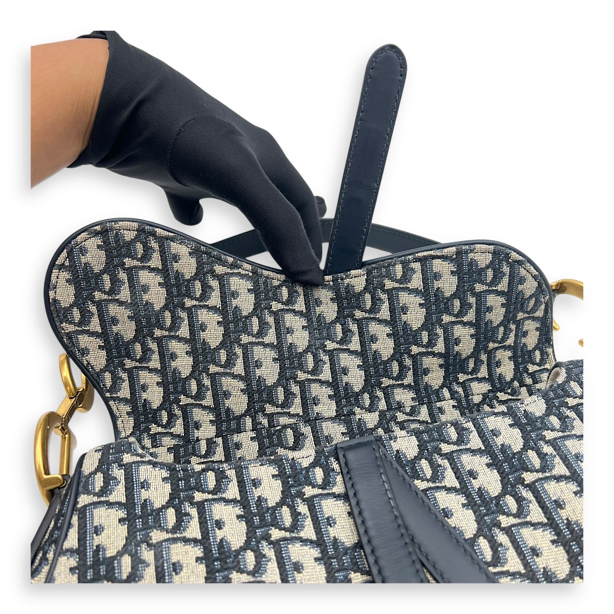 Saddle Medium Blue Shoulder Bag in Jacquard, Gold hardware - Image 14