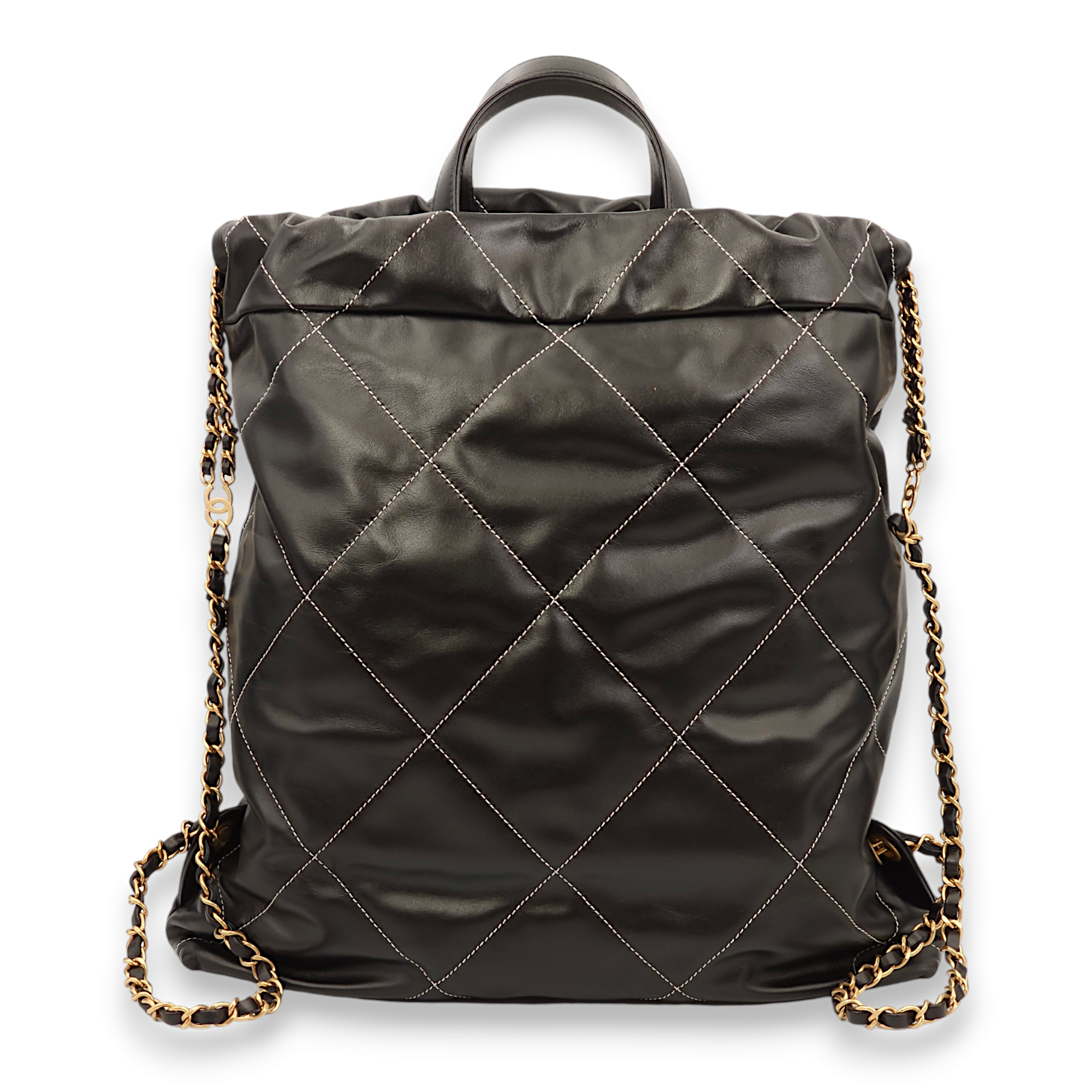 22 Large Black with White Stitches Backpack in Calfskin, Gold hardware - Image 3