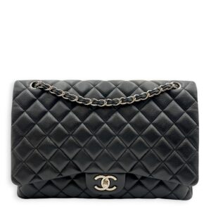 Classic Double Flap Maxi Black Shoulder Bag in Caviar Leather, Silver hardware